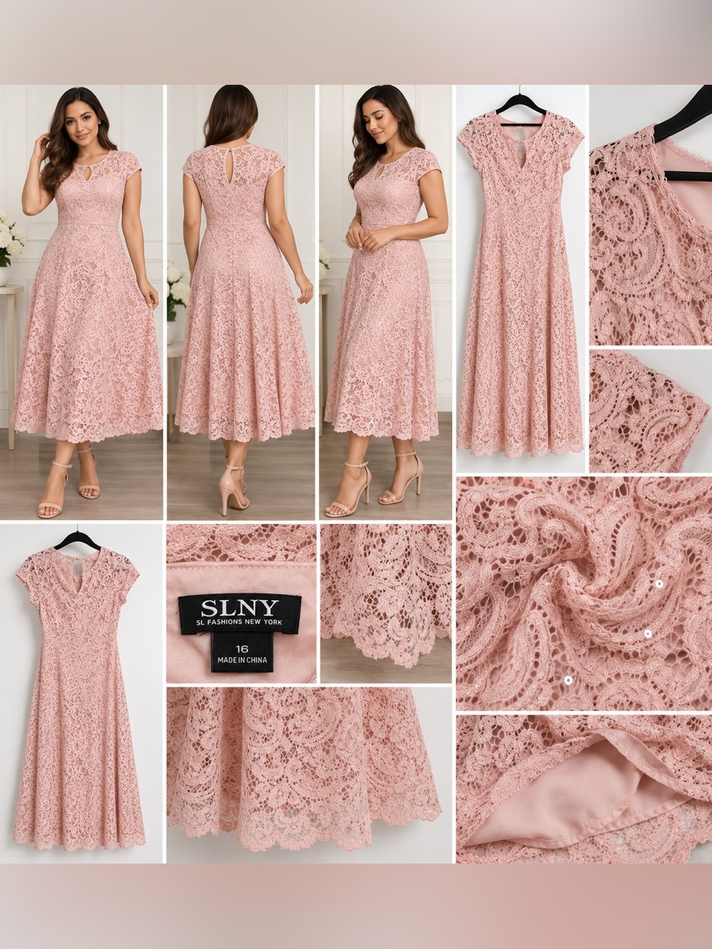 SLNY Blush Pink Lace Sequin Midi Dress Size 16 Elegant Formal - Picture 2 of 3